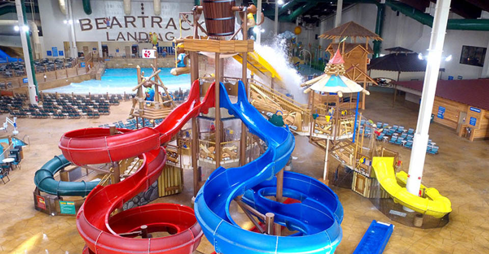 Totem Towers water slides at the Fort Mackenzie play area  at the Great Wolf Lodge Indoor Water Park in Wisconsin Dells 960
