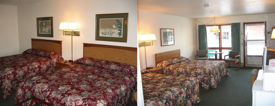 View of a Standard Motel Room at the Black Hawk Motel in Wisconsin Dells with 2 Queen Beds