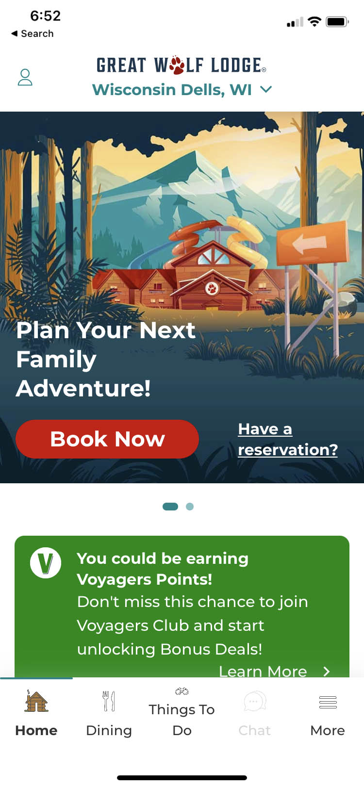 Mobile app opening screen for Great Wolf Lodge in Wisconsin Dells