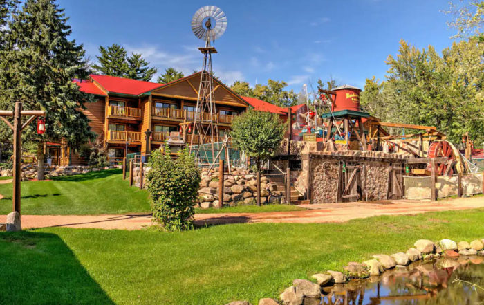 View of the Timber Lodge from the pool area at the Meadowbrook Resort in Wisconsin Dells 1000