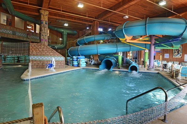 View of the Indoor Water Park Large Water Slides at the Polynesian Water Park Resort in Wisconsin Dells 600