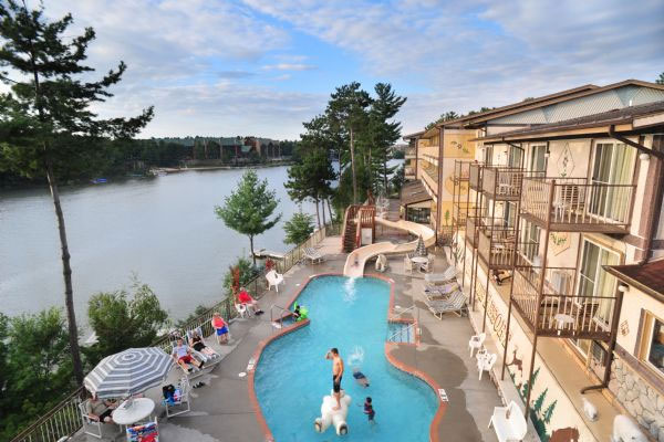 View overlooking the Outdoor Swimming Pool and Water Slide at Cliffside Resort Wisconsin Dells