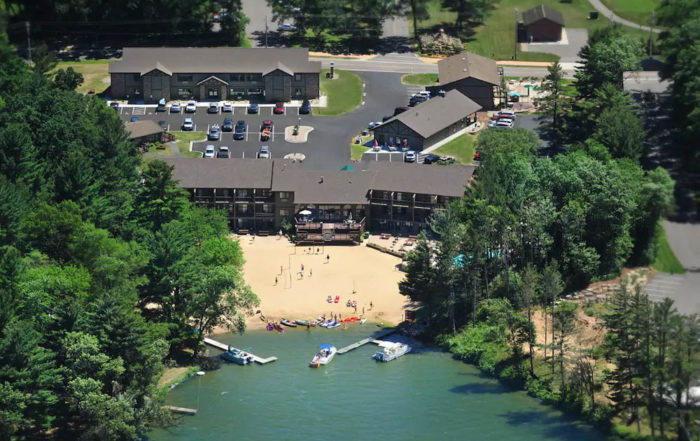 Sunset Bay Beach Resort on Lake Delton view of Bay from drone shot above 1000