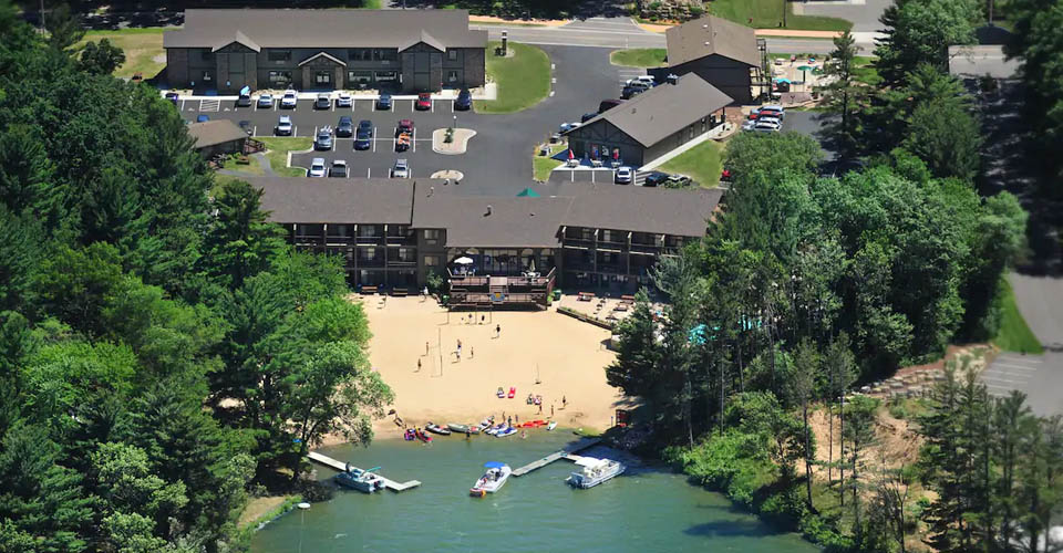 Sunset Bay Beach Resort on Lake Delton view of Bay from drone shot above 960