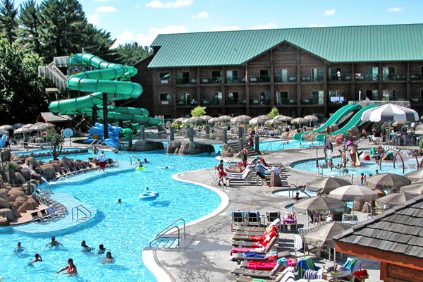 View of one of the Outdoor Water Parks at the Wilderness Resort in Wisconsin Dells with Water Slides and Lazy River 600